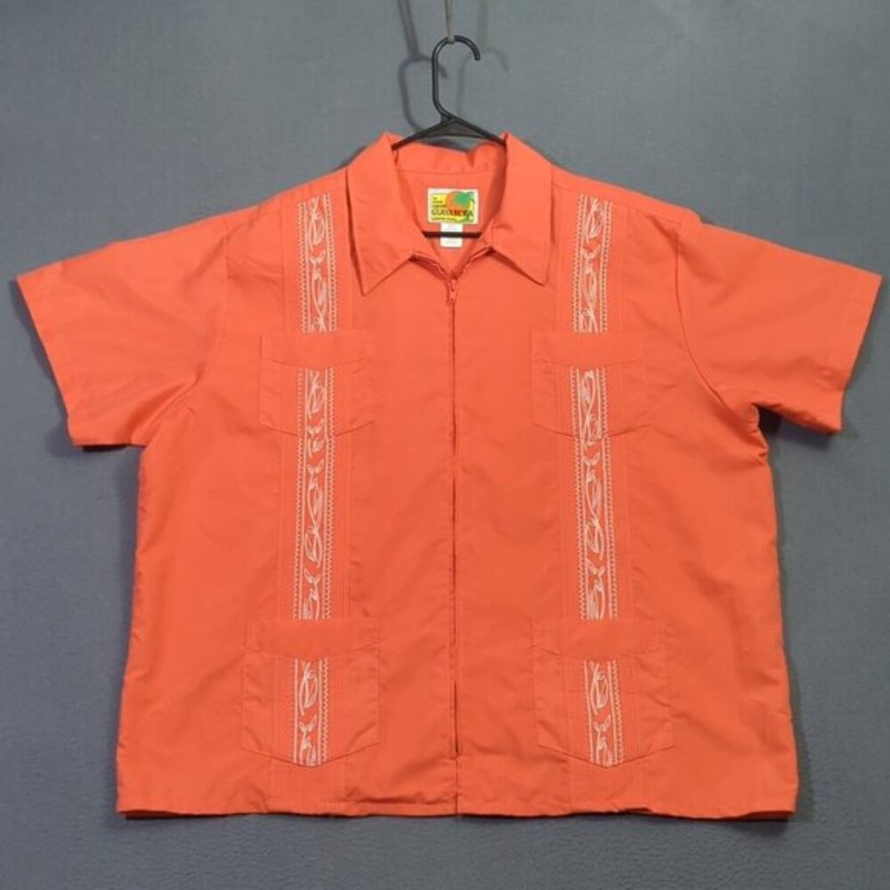 Haband Guayabera Shirt Men's XXL Coral Zip Up Short Sleeve White Embroidery - Picture 2 of 8